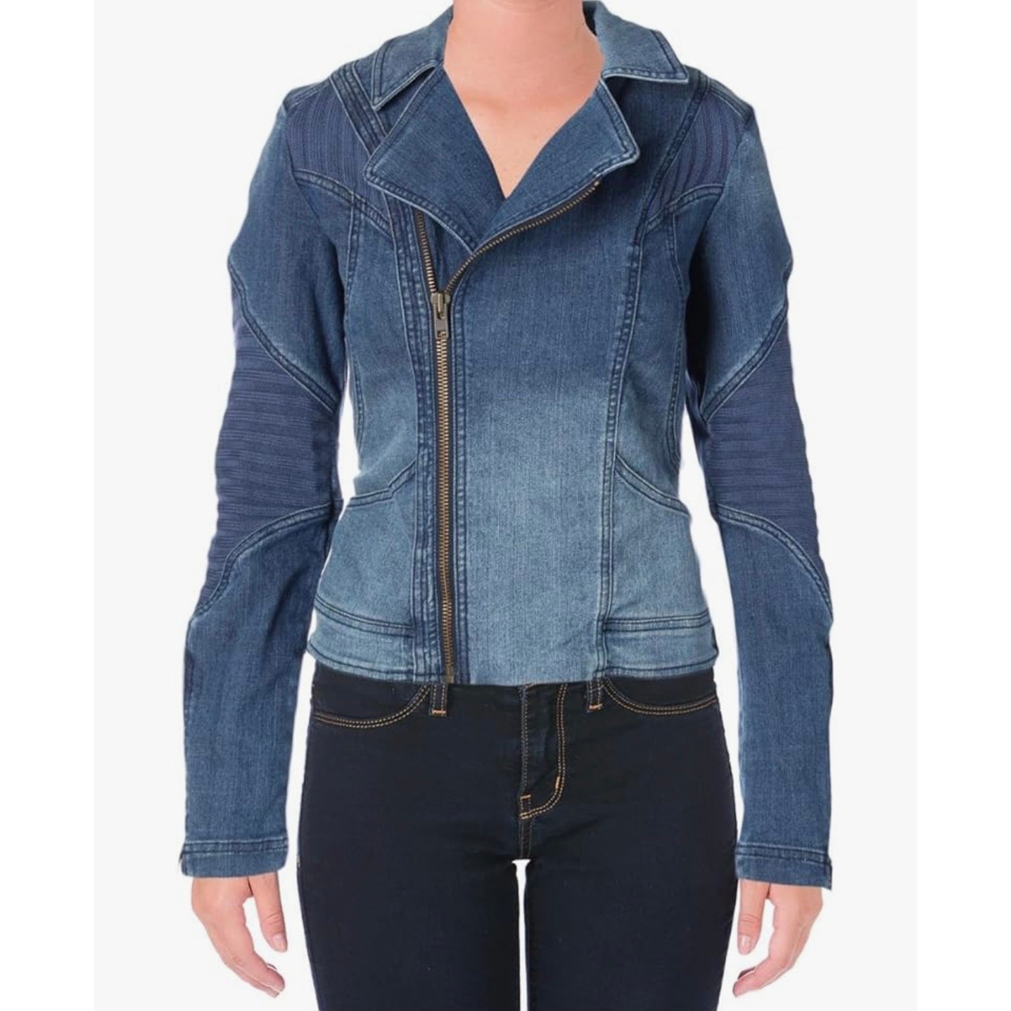 Sam Edelman Blue Two-Tone Denim Knit Zip Up Moto Jean Jacket Size Small